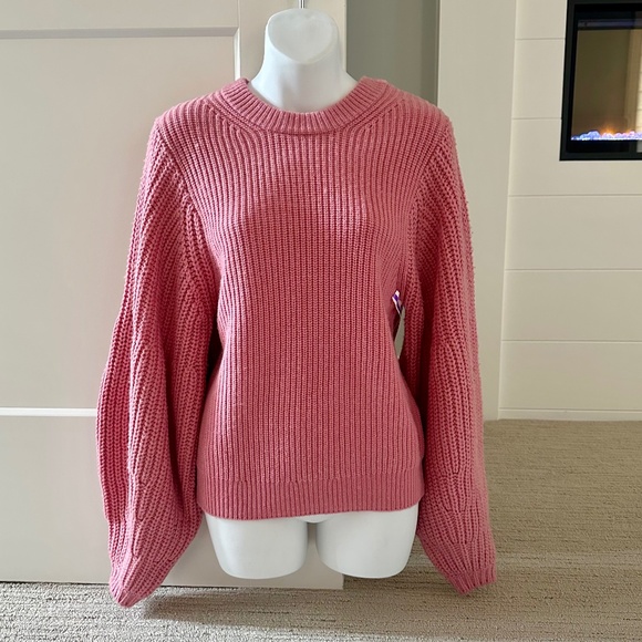 STAUD Lovely Pink Fisherman Knit Balloon Sleeve Sweater Sz S NWT $325!!